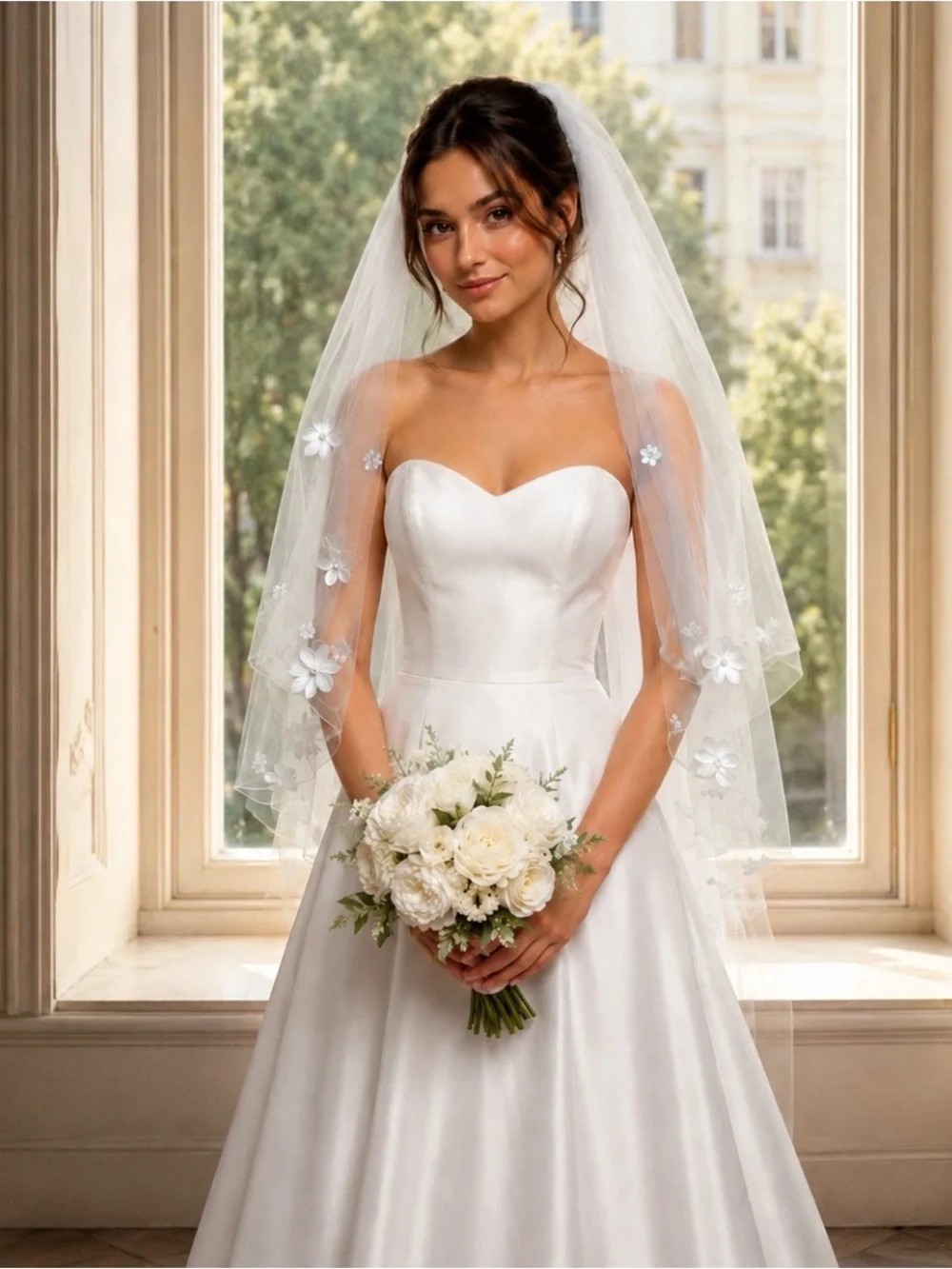 White Bridal Veil with Floral Appliqués and Pearl Accents